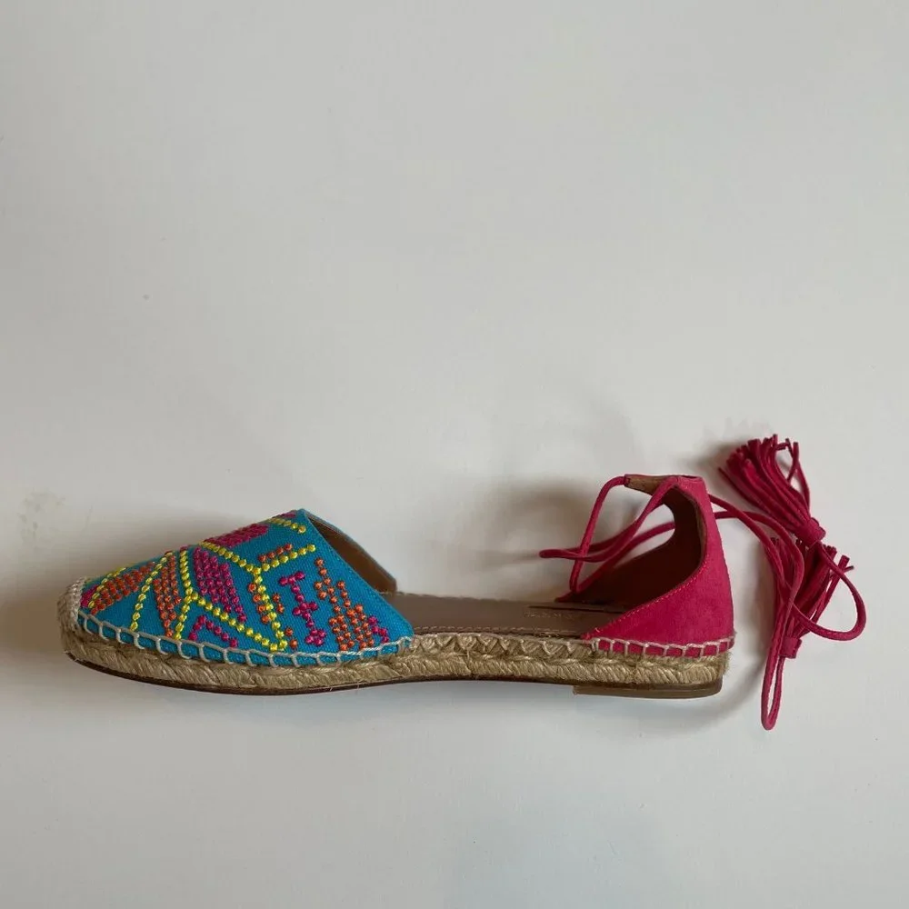 NEW Aquazzura Palm Springs Tassel Espadrille Sandals Size 38 Pink Blue S…